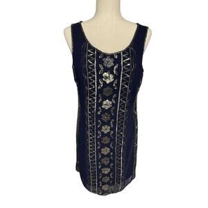 Adrianna Papell beaded sequin sleeveless navy blue formal dress women's size 8